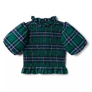 Janie and Jack Plaid Smocked Balloon Sleeve Blouse Top, Green/Blue, Girl's 6